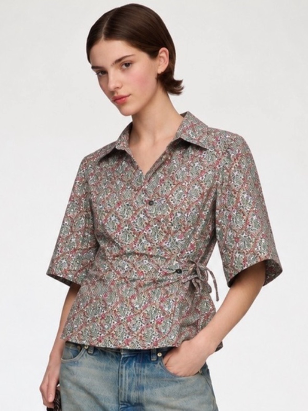 Ganni Red, Black & White Floral Tie-Waist Blouse